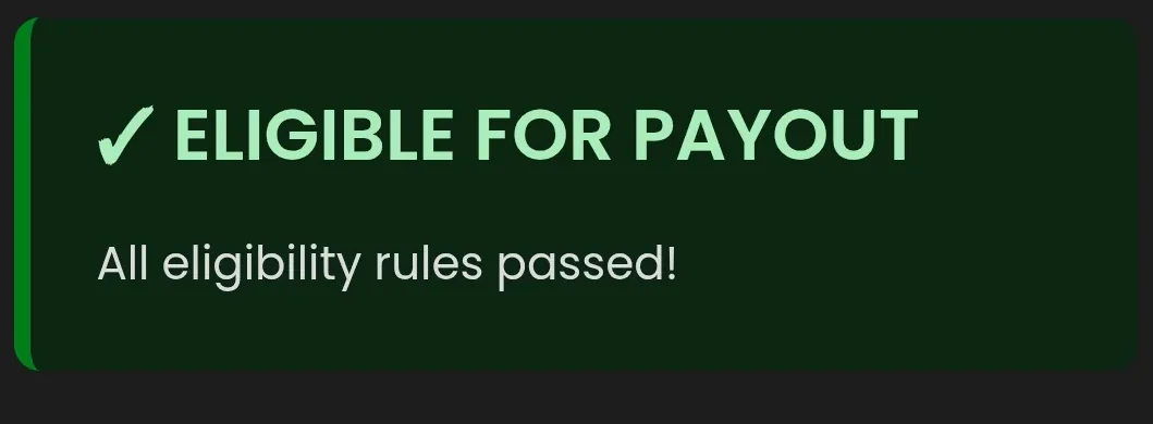 Apex prop account banner: eligible for payout, all rules passed
