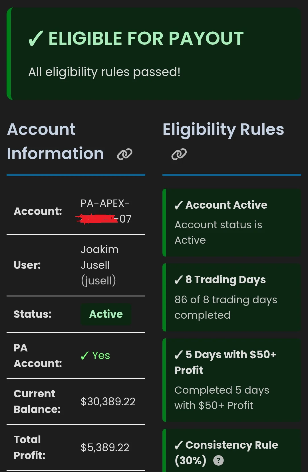 Apex Trader Funding dashboard showing Joakim Jusell's PA account eligible for payout with $5,389 profit over 86 trading days