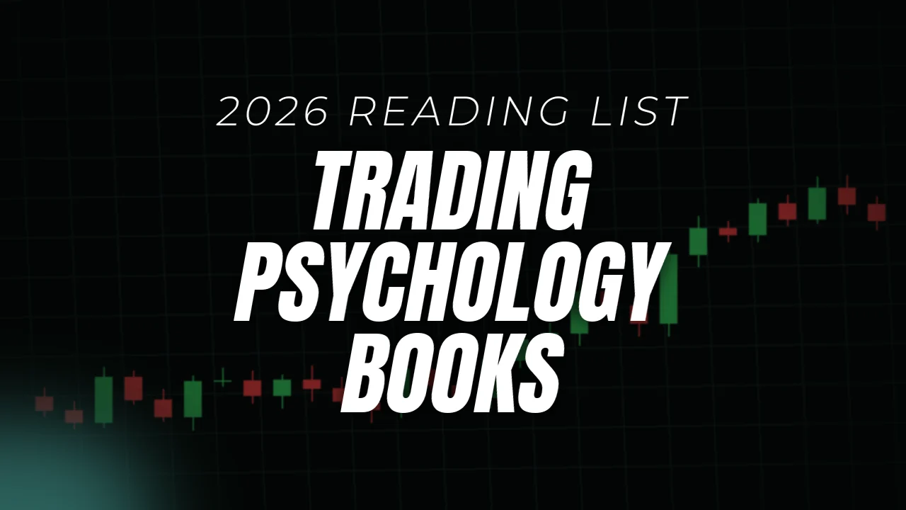 Trading psychology books 2026 reading list, cover image over a candlestick chart