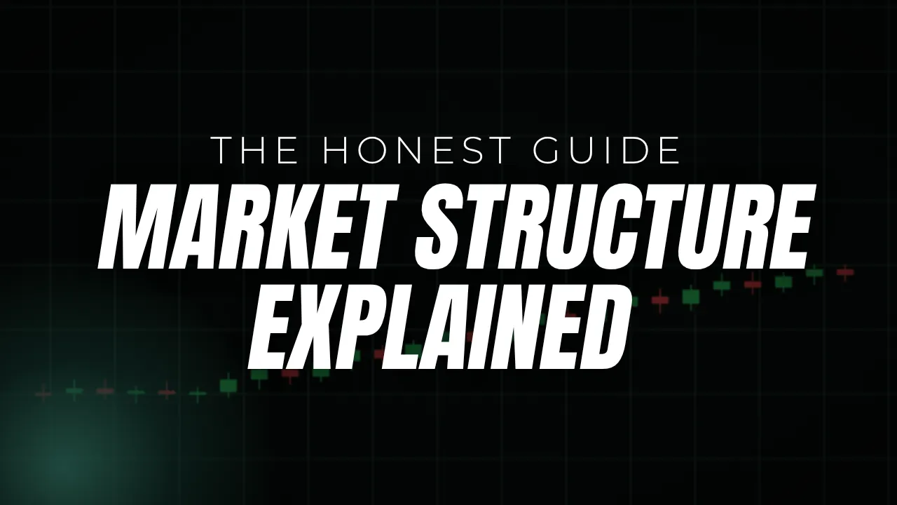 Market structure explained, the honest guide, cover image over a candlestick chart