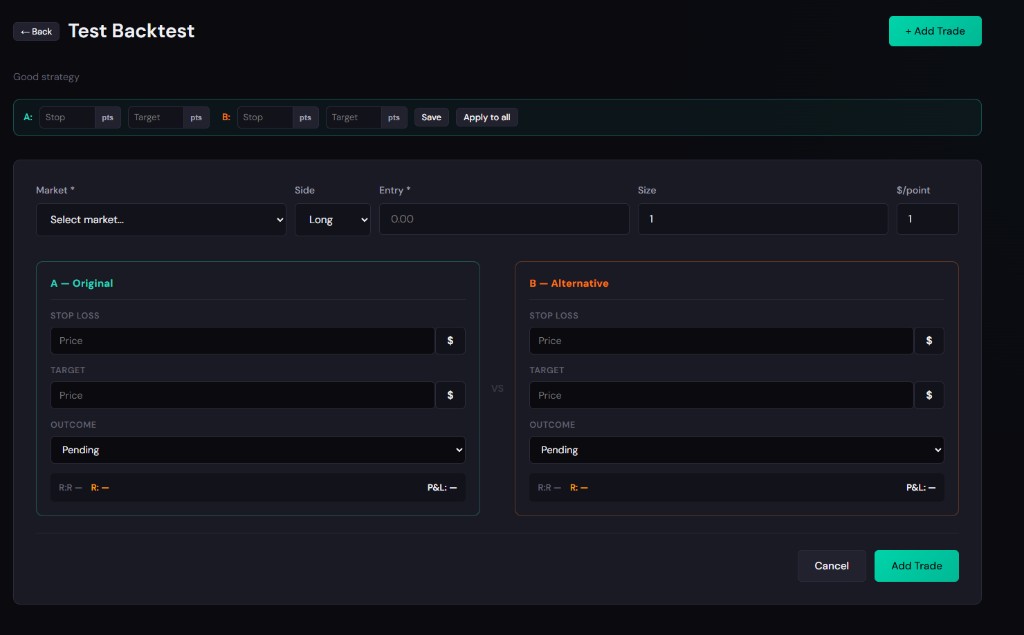 A/B replay backtesting tool comparing two trade scenarios side by side