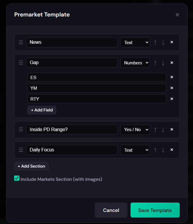 Customizable premarket template editor with drag-and-drop sections