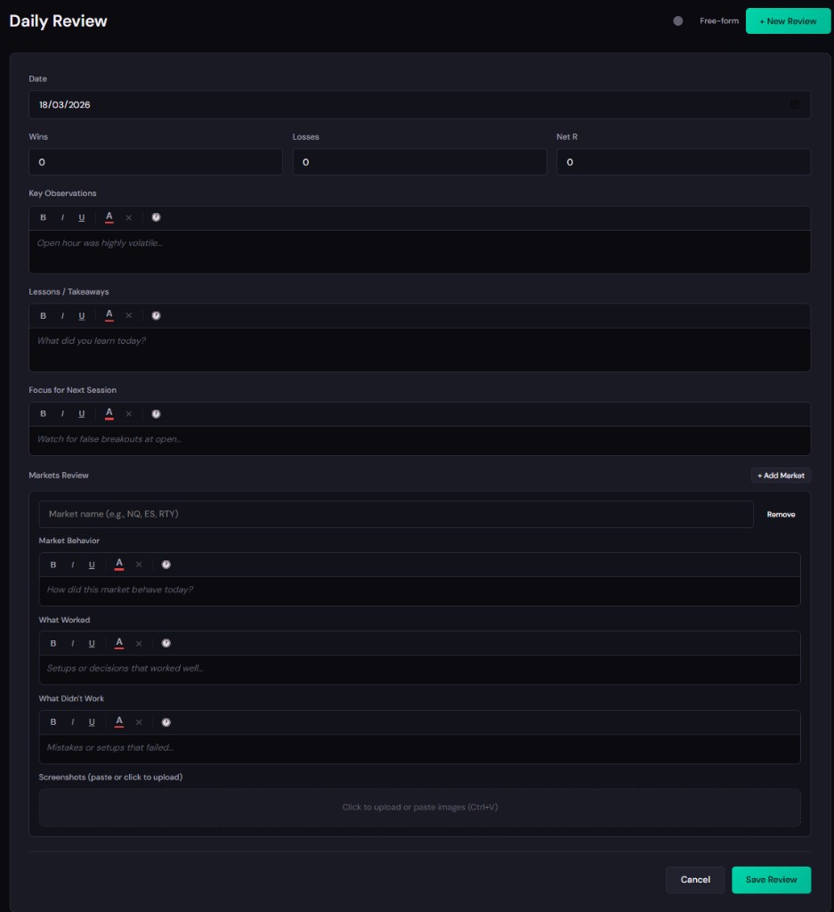 Daily review form with wins, losses, key observations, lessons, and market review sections