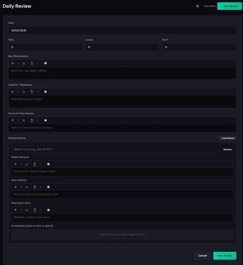 Daily review form with execution scoring and lesson tracking