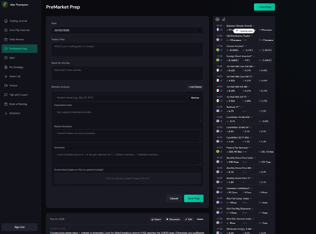 Pre-Market Prep with trading plan, levels, and economic calendar