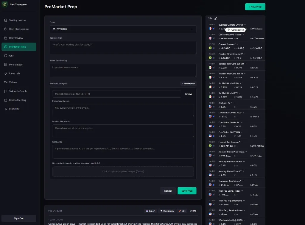 Pre-Market Prep with trading plan, levels, and economic calendar