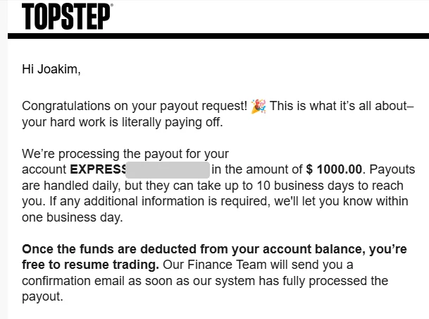 Topstep email from April 2025 confirming a payout on Joakim Jusell's Express Funded account, account number hidden