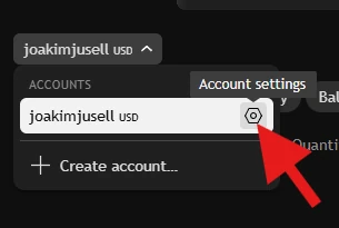 TradingView account dropdown open with a red arrow pointing at the gear icon labelled Account settings