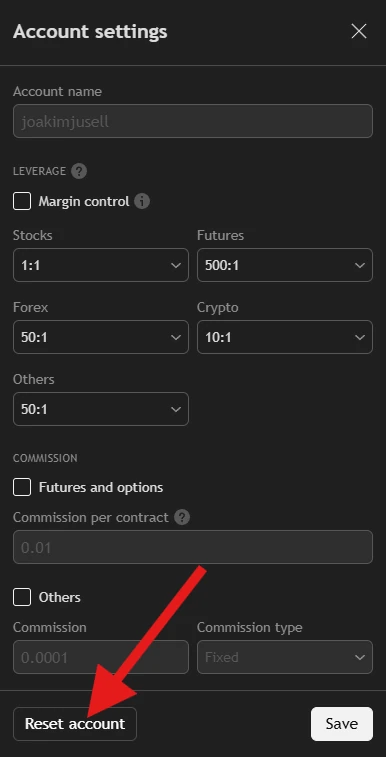 TradingView Account settings panel showing leverage and commission options with a red arrow pointing at the Reset account button in the bottom left