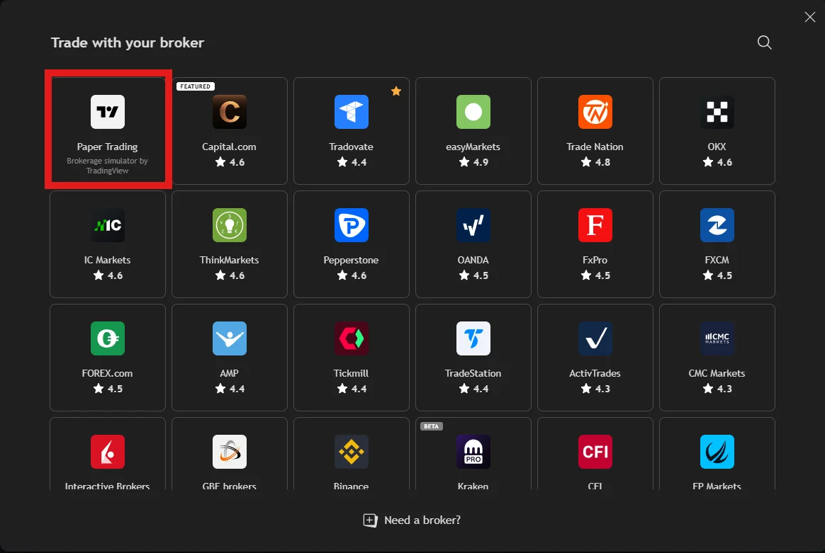 TradingView Trade with your broker panel with the Paper Trading tile, the brokerage simulator by TradingView, highlighted in the top left corner