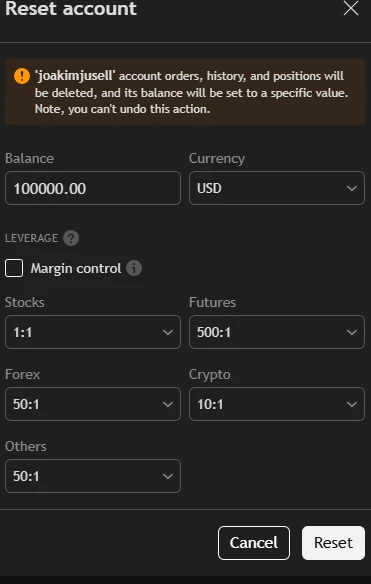 TradingView Reset account dialog with a balance field showing 100000.00 USD and a warning that orders, history and positions will be deleted
