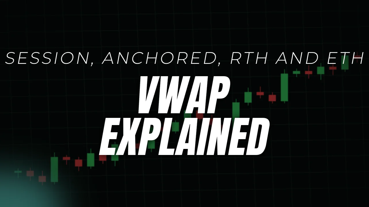 VWAP explained, session, anchored, RTH and ETH, cover image over a candlestick chart